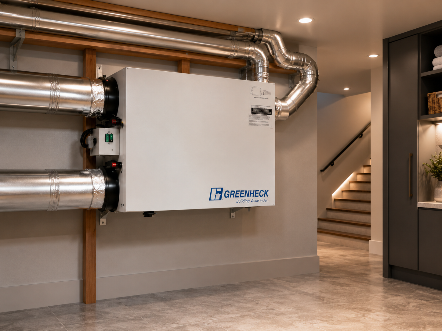 Wall-mounted fresh-air ERV unit with insulated ductwork