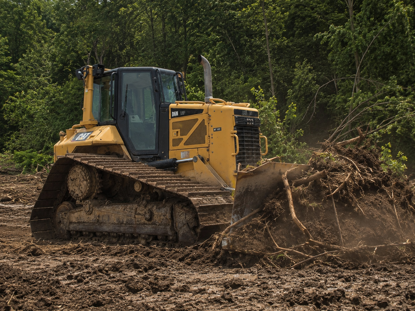 Cat D6N LGP dozer with enclosed cab clearing brush