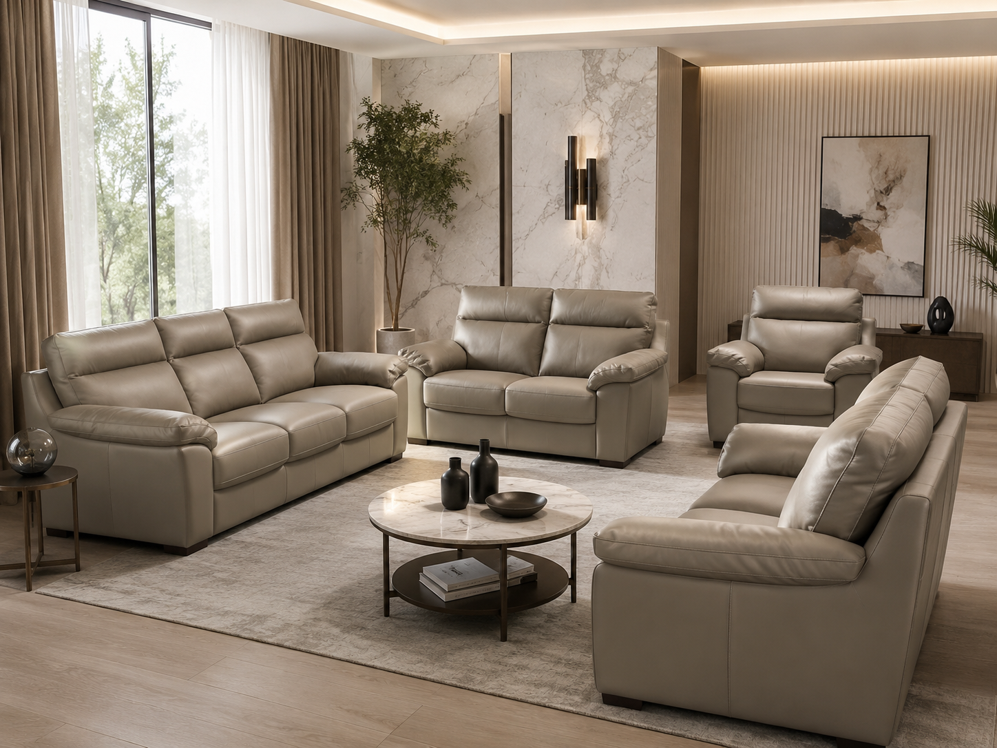 Taupe leather three-piece living room set