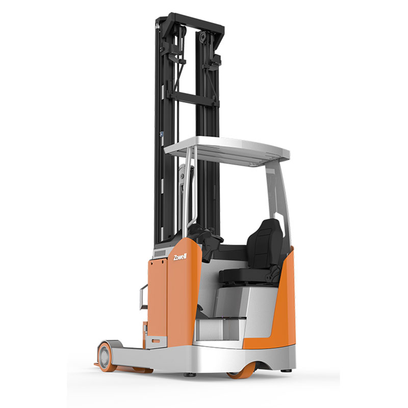 Electric reach truck with operator seat and raised mast