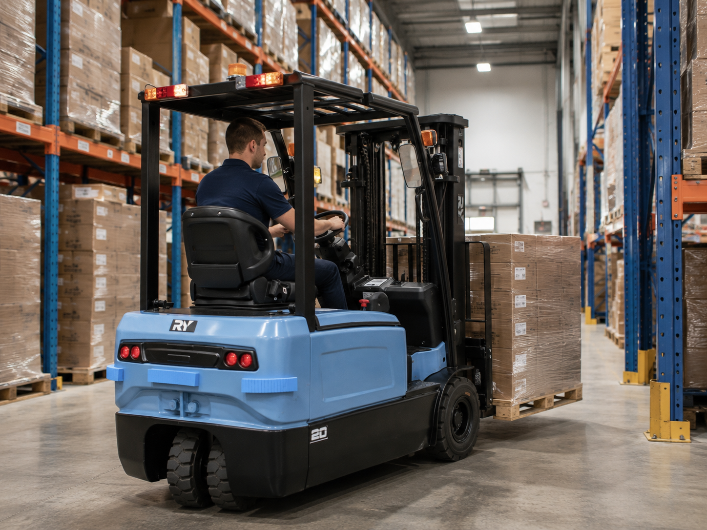 Electric sit-down counterbalance forklift working in the warehouse