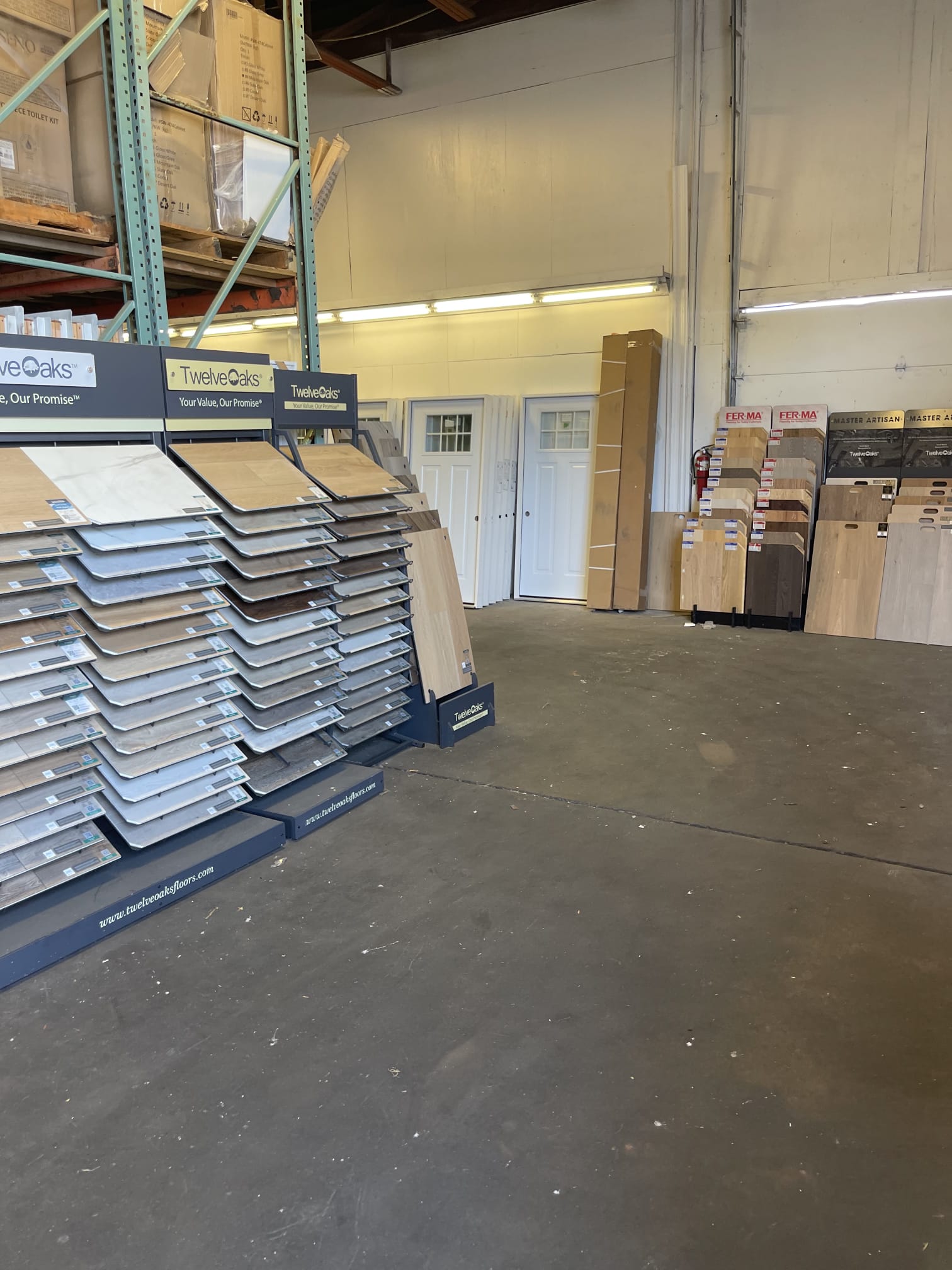 Flooring and decking sample racks in the warehouse