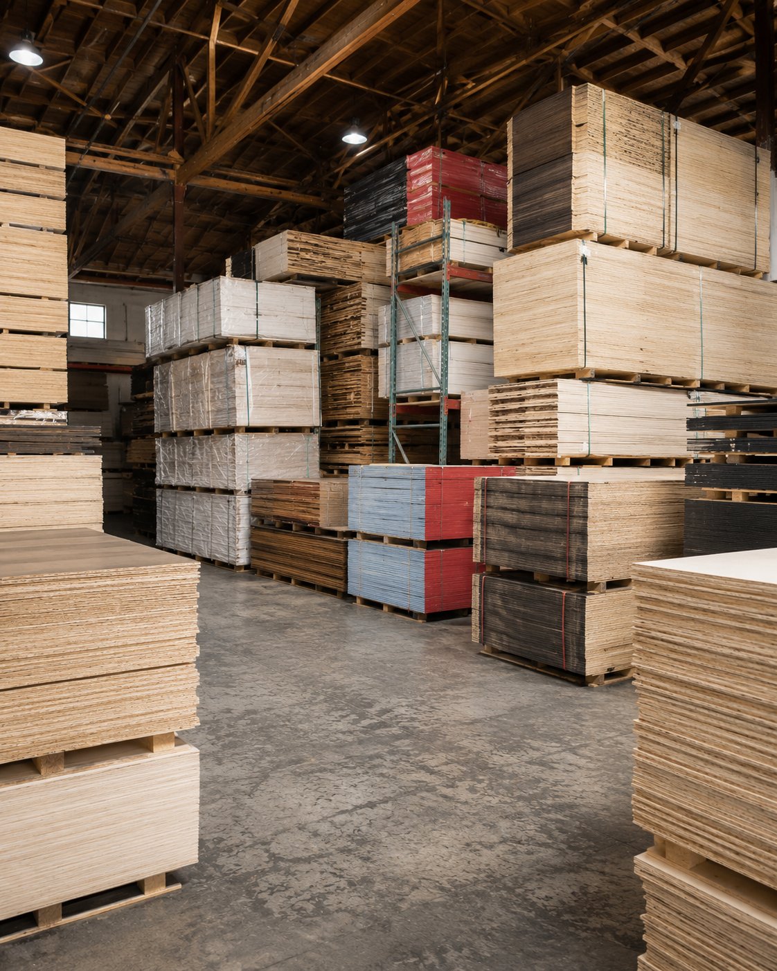 Bulk plywood lots in the warehouse