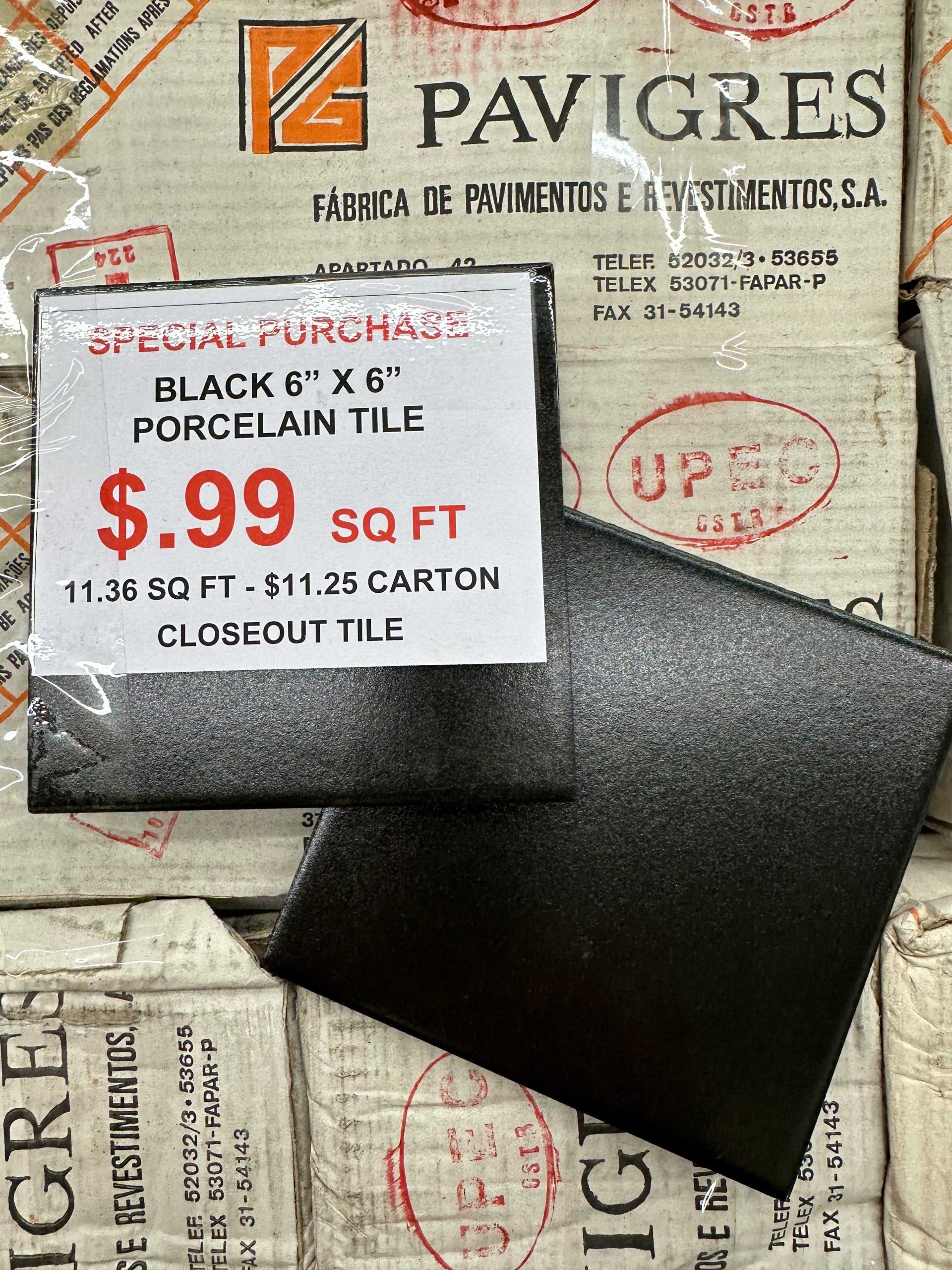 BLACK PORCELAIN TILE, 6" X 6" - 11.36 SF CARTONS-image